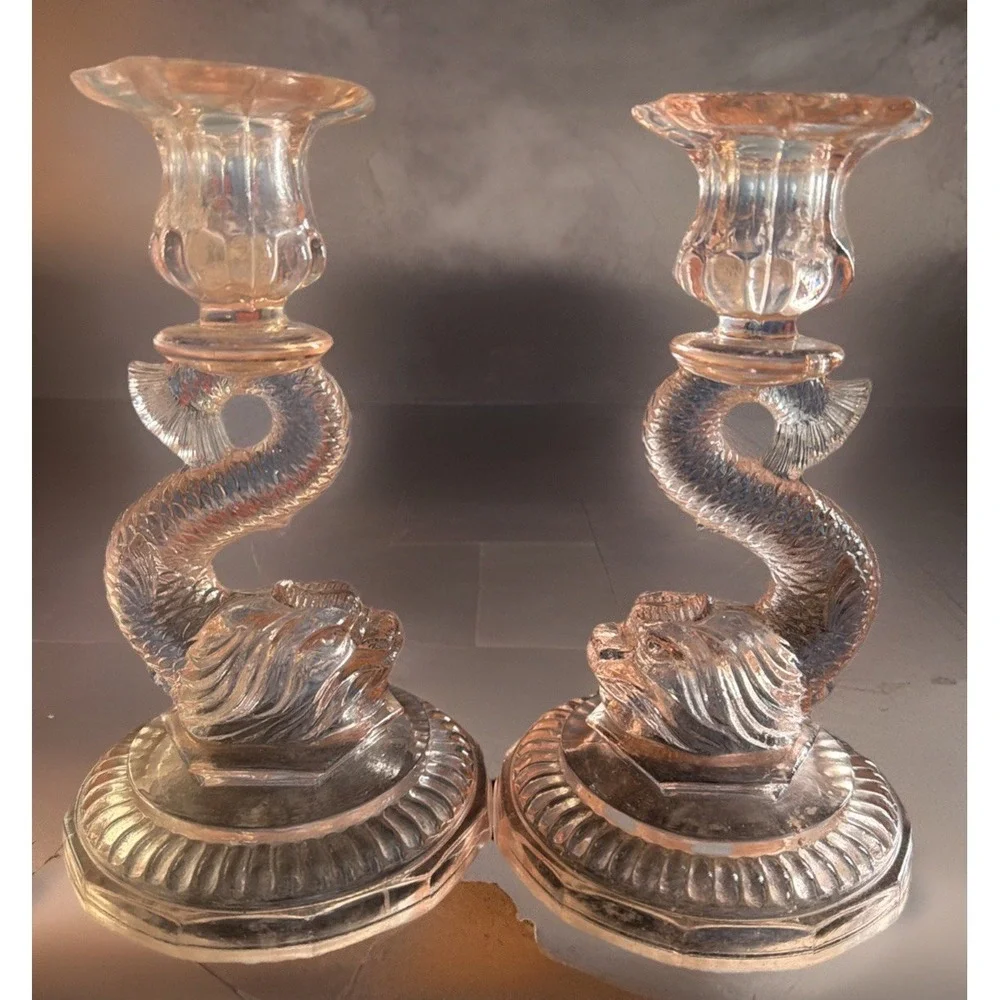 Vintage Pair Pink Glass‎ Candlesticks Koi Fish Design Collectible Rare